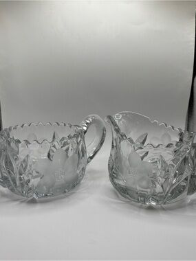 Vintage Pressed Lead Glass Cream and Sugar Set-Etched Flowers w/ Sawtooth Rim